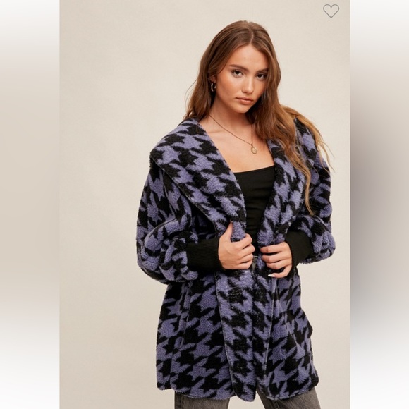 🆕Cardigan Oversized Hoodie Cozy Open With Pockets Blue Black Houndstooth OSFM - Picture 2 of 4